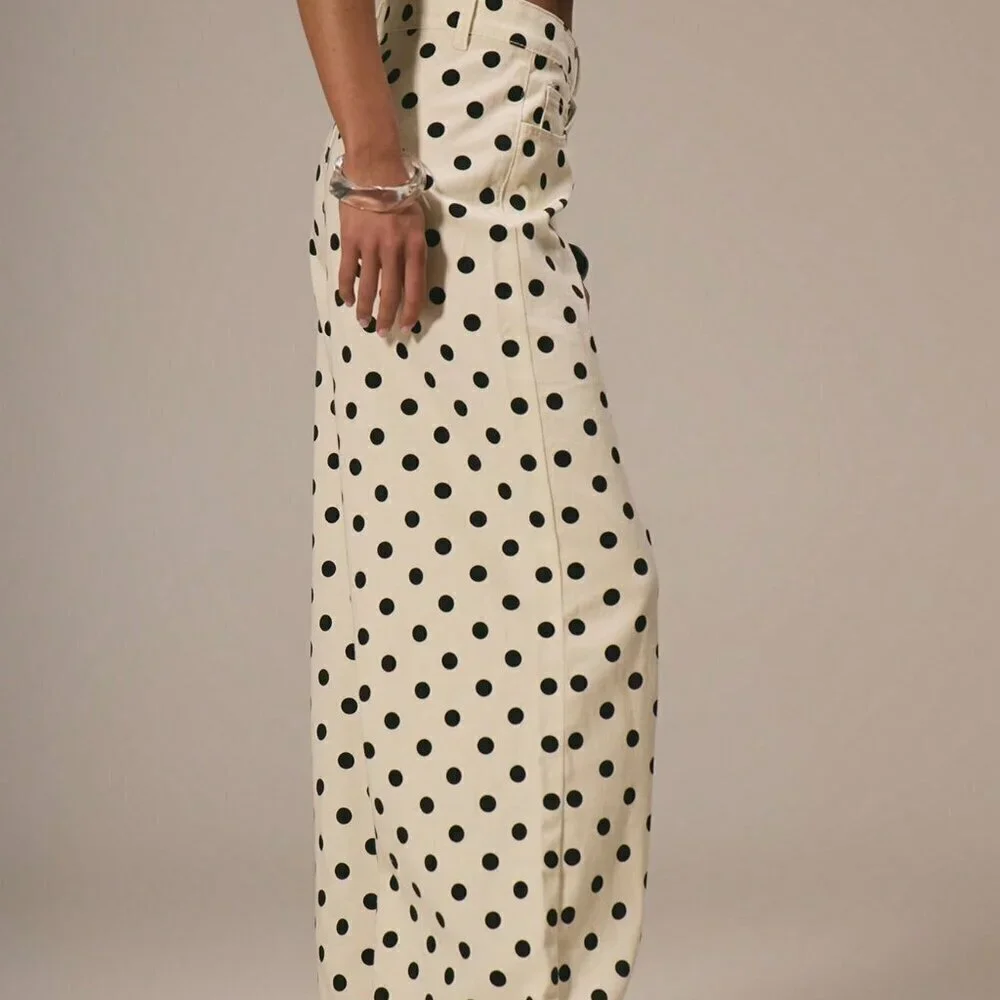 Beige Casual Women's Dainty Polka Dot Denim Straight Leg Mid Rise pants - Picture 3 of 5